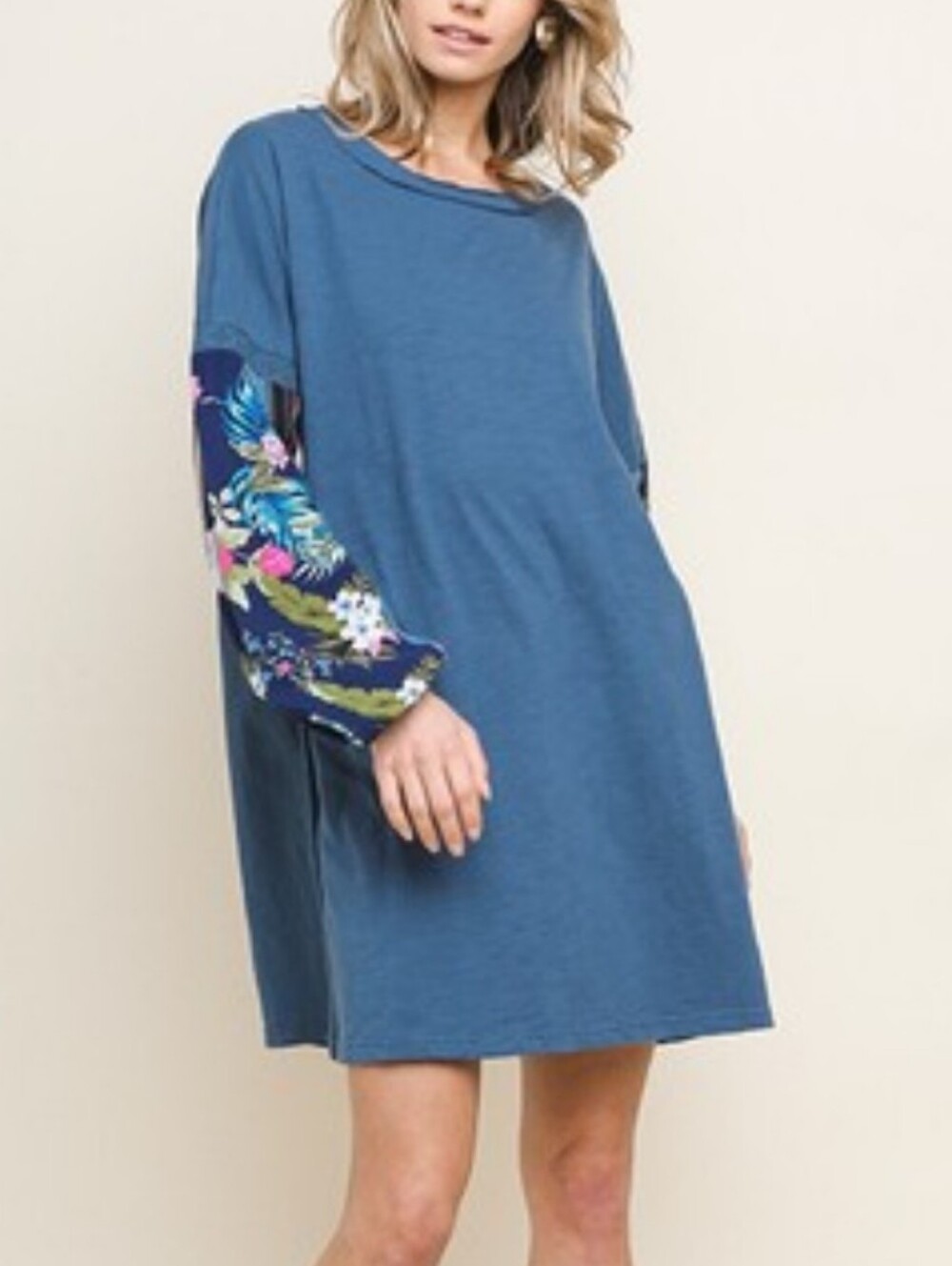 UMGEE Blue Knit Boho Tunic Dress Floral Puff Balloon Sleeve Crochet Trim 1X Mini